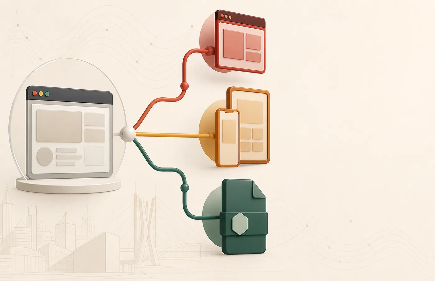 Estrutura de página web, aplicativo e arquivo APK em diferentes dispositivos